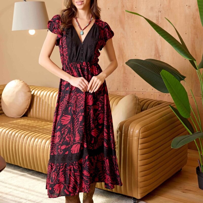 Bohera Songbloom V-Neck Sleevless Maxi Dress in Deep Rouge