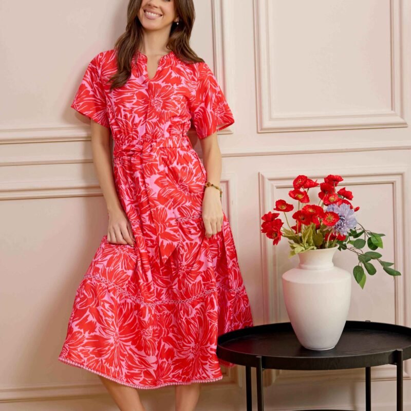 Bohera Meadow Wave Ruffle Collared Midi Dress with Waist Tie in Ruby Red