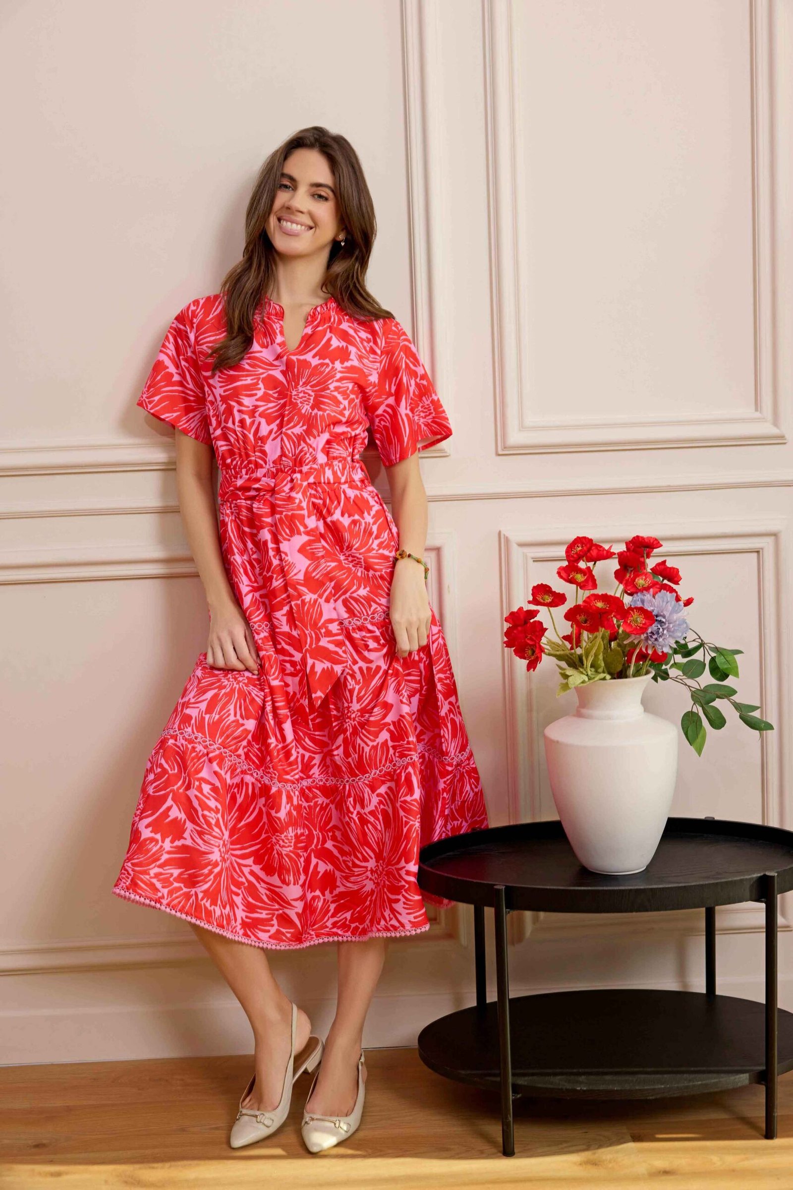 Bohera Meadow Wave Ruffle Collared Midi Dress with Waist Tie in Ruby Red