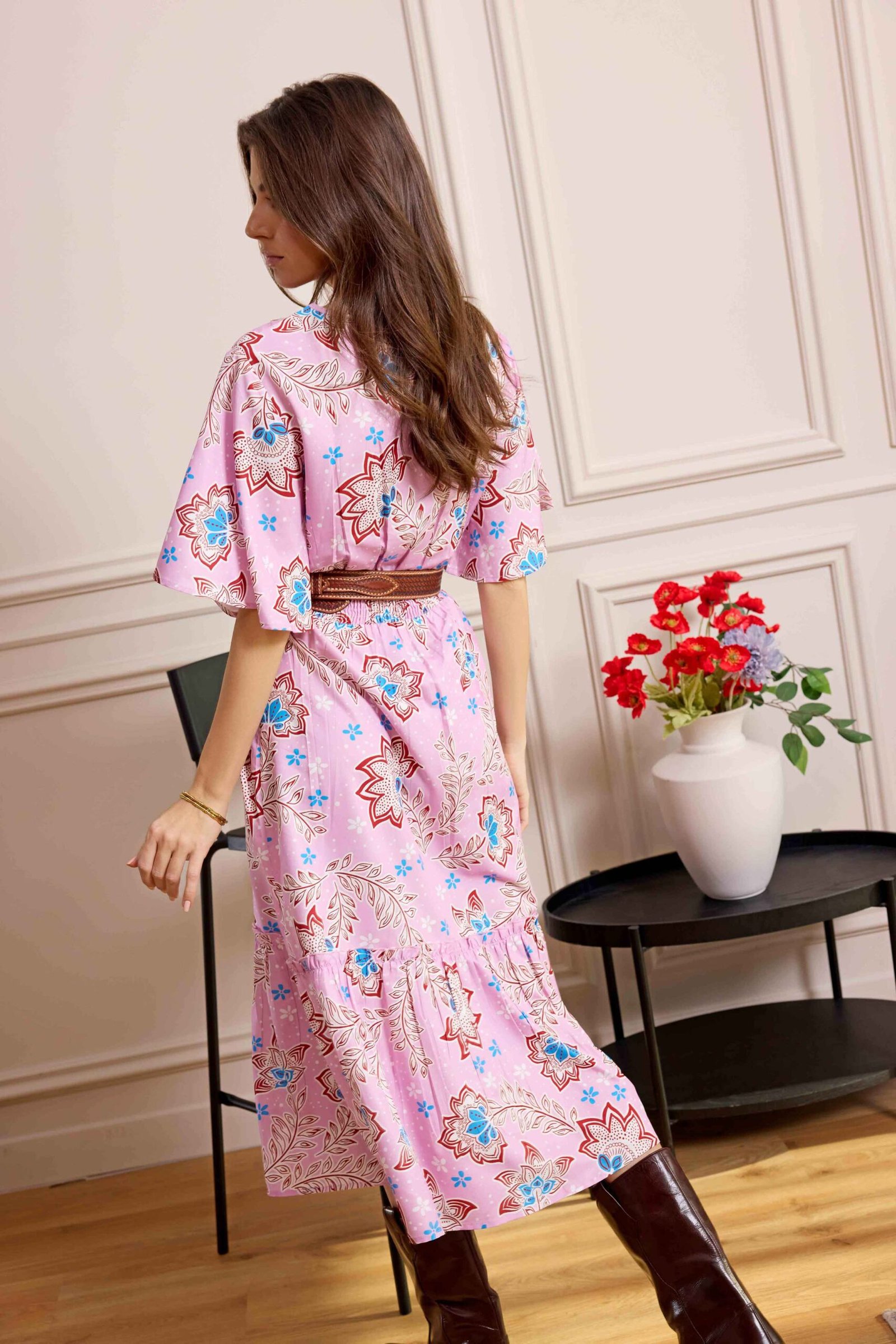 Bohera Floral Crest Midi Dress with Front Tie in Blush Pink - Image 2