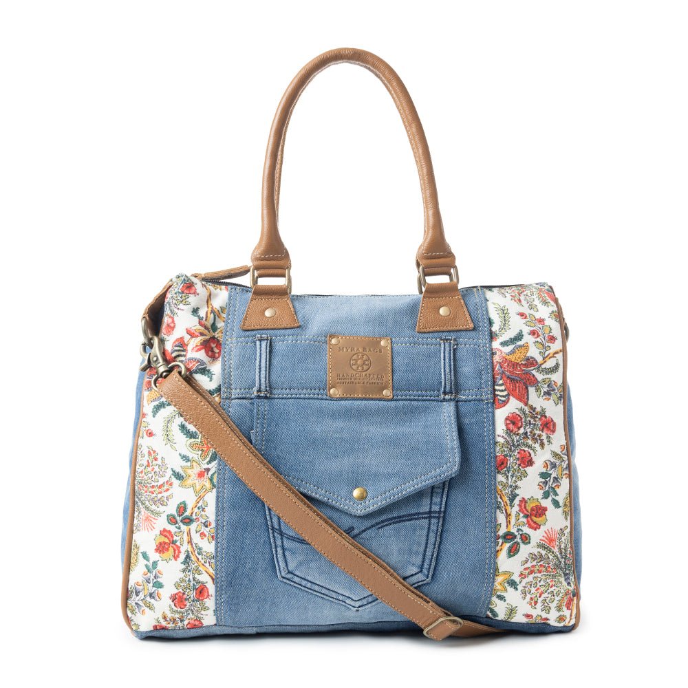 Myra Crimson Glade Floral Canvas Tote Bag - Dual Handle Leather Strap Upcycled Denim Bag for Fun Outings