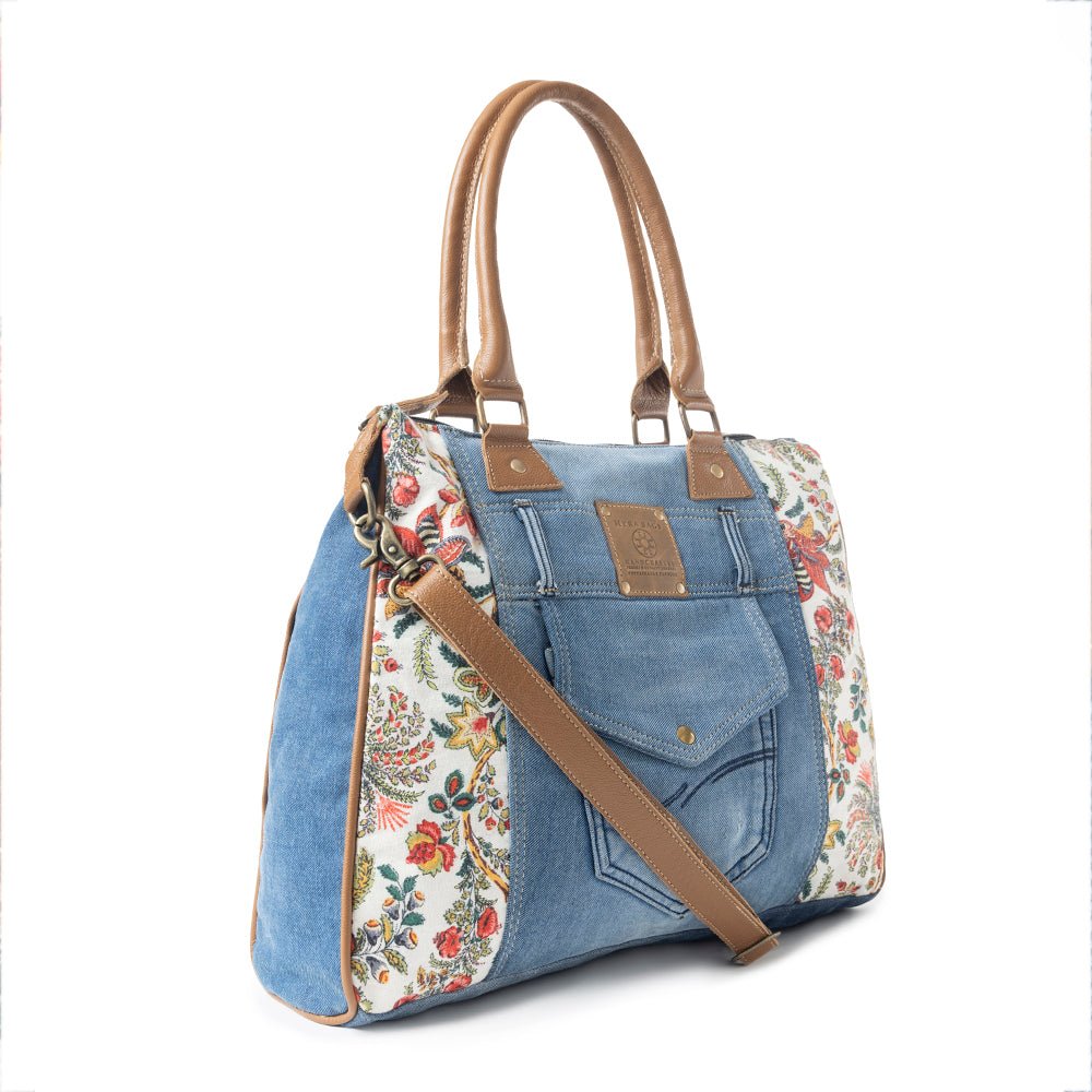 Myra Crimson Glade Floral Canvas Tote Bag - Dual Handle Leather Strap Upcycled Denim Bag for Fun Outings - Image 2