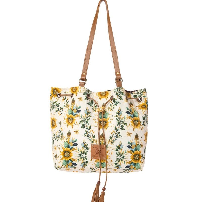 Myra Southern Bloom Cotton & Leather Bucket Bag in Chestnut Beige