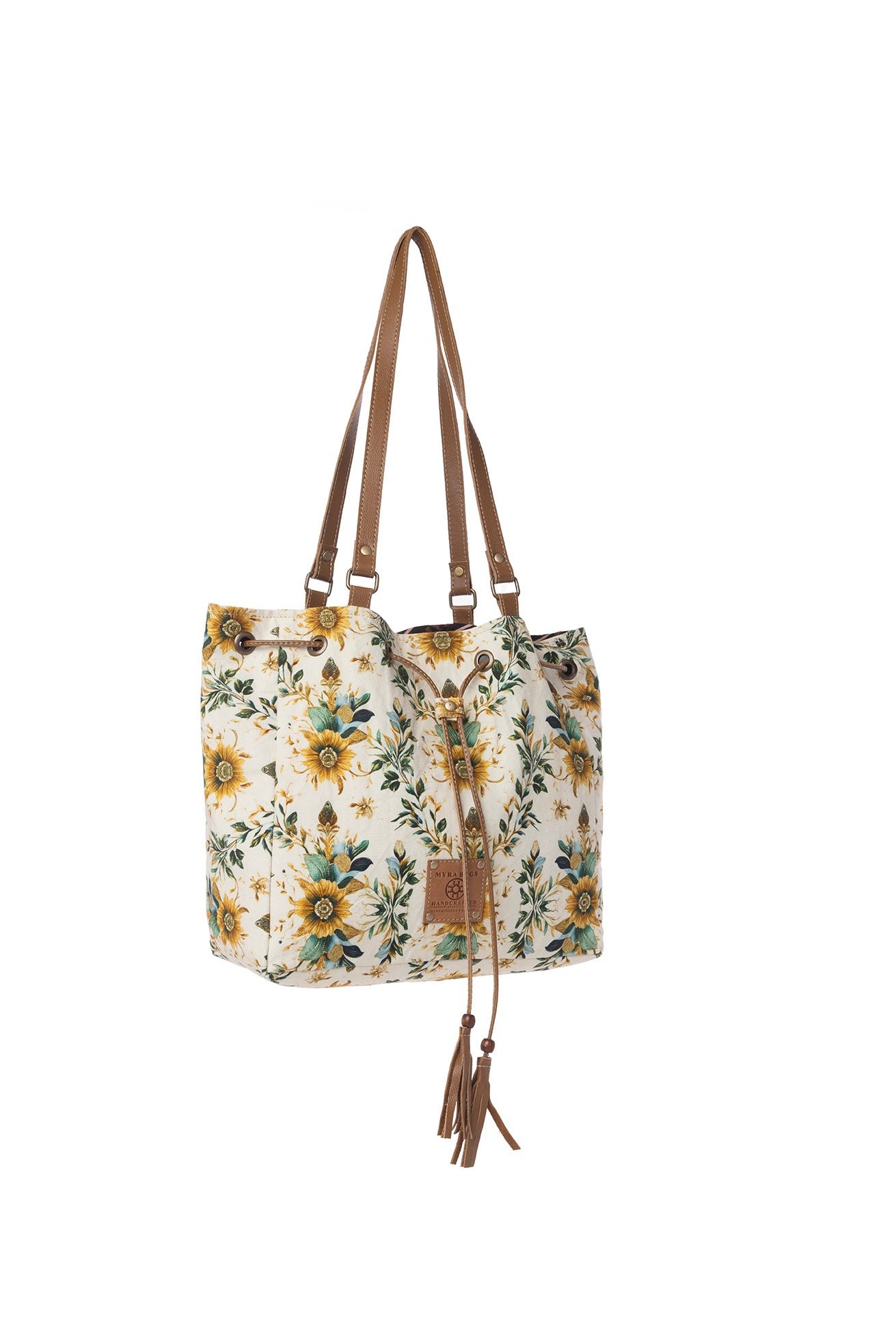 Myra Southern Bloom Cotton & Leather Bucket Bag in Chestnut Beige - Image 2