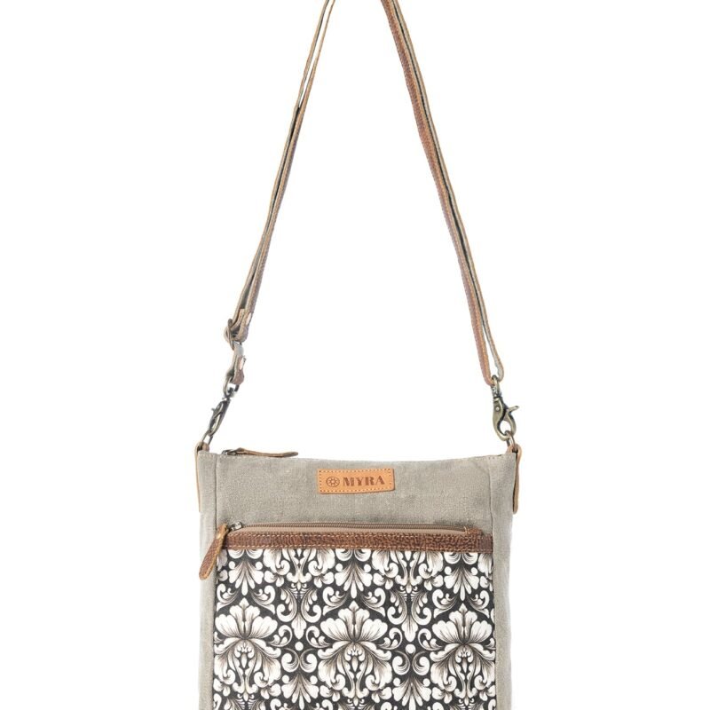 Myra Damask Trail Vintage Crossbody Bag for Women in sage with print detail