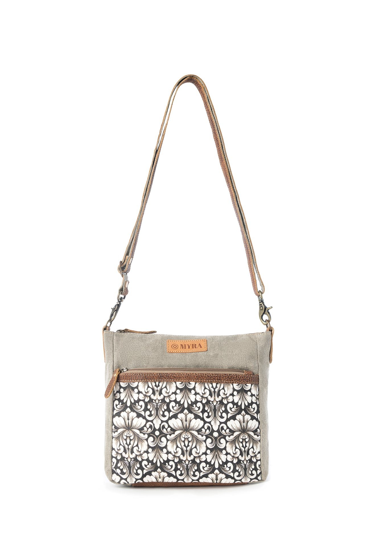 Myra Damask Trail Vintage Crossbody Bag for Women in sage with print detail