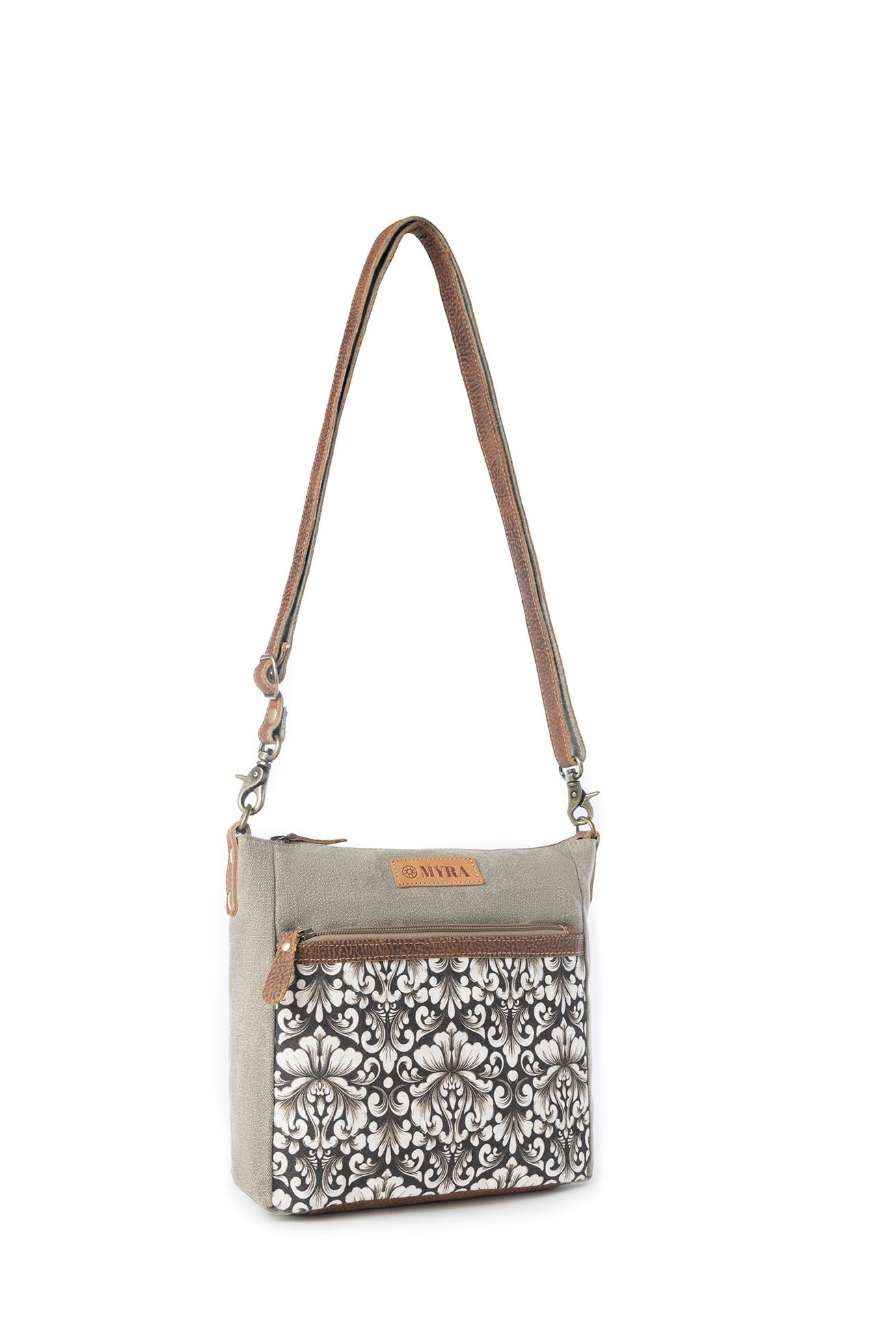 Myra Damask Trail Vintage Crossbody Bag for Women in sage with print detail - Image 2