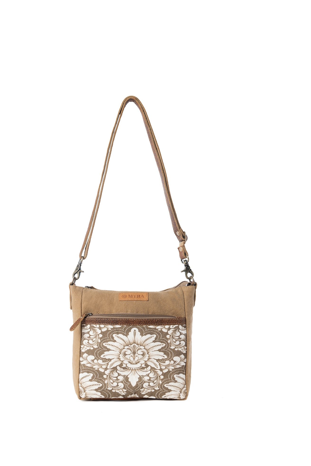 Myra Crestbloom Vintage Crossbody Bag for Women in olive with print detail - Image 2