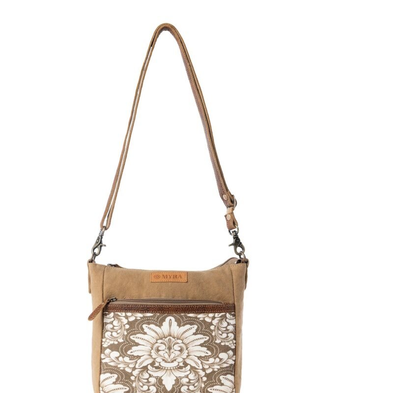 Myra Crestbloom Vintage Crossbody Bag for Women in olive with print detail