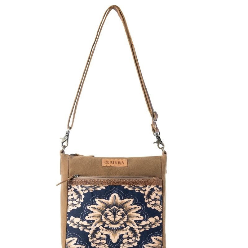 Myra Crestbloom Vintage Crossbody Bag for Women in navy with print detail