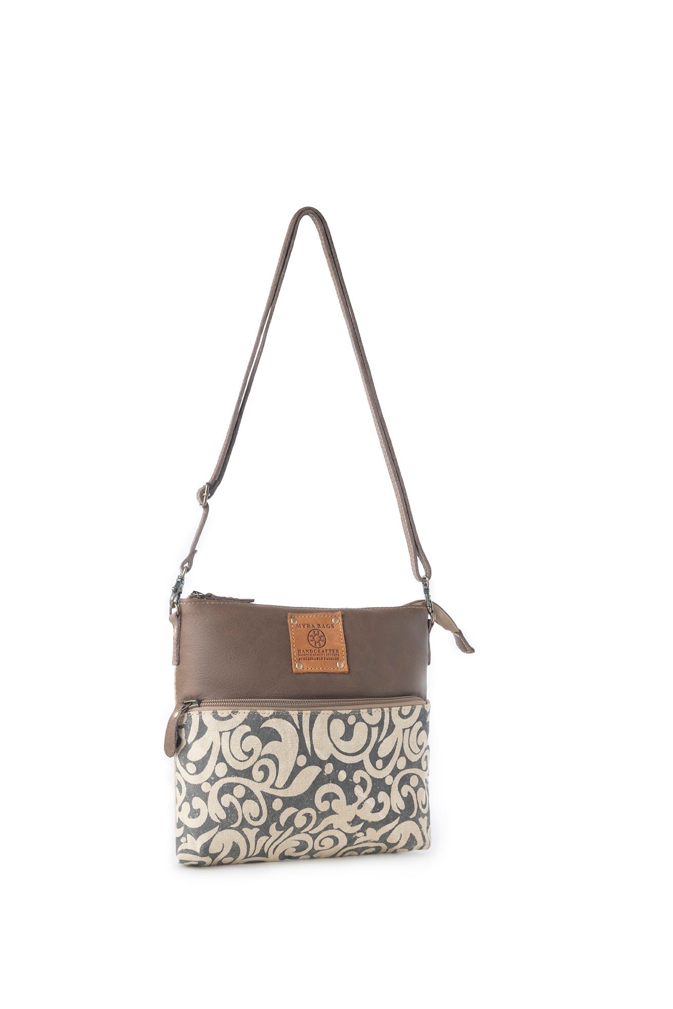 Myra Wildprint Trail upcycled canvas crossbody Bag for Women in ivory with vintage print - Image 2