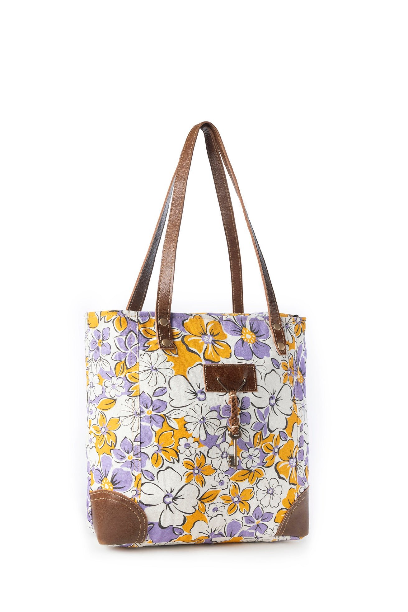 Myra Retro Bloom upcycled canvas tote Bag for Women in yellow with leather detail - Image 2